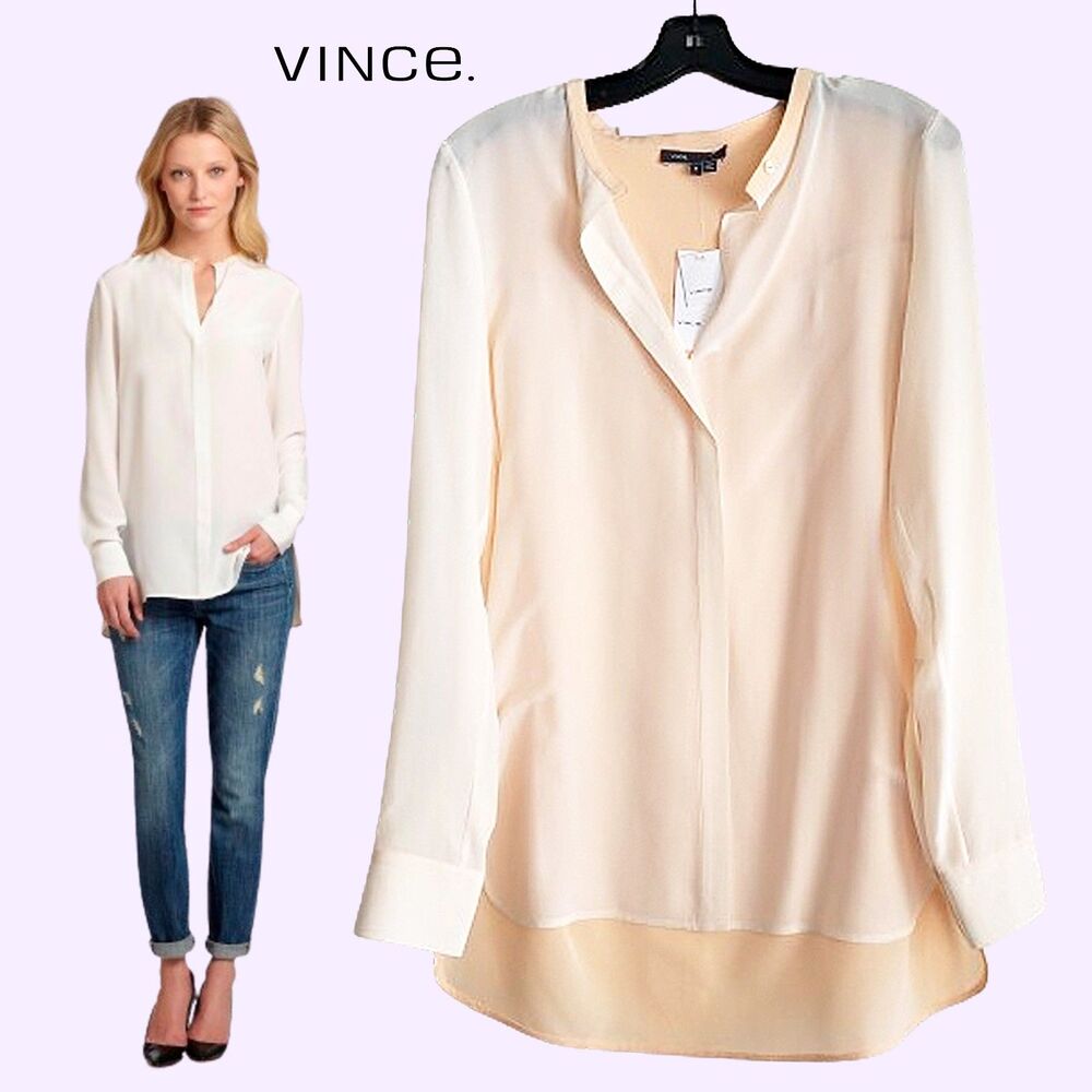 VINCE 4 100% Silk Quiet Luxury Colorblock Mandarin Collar Blouse